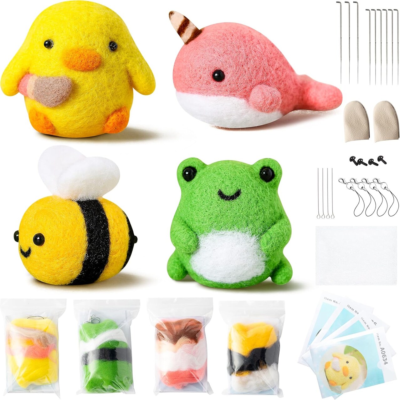 Set of 4 Cute Animal Needle Felting Starter Kit Frog Chick Bee Narwhal Animal Doll Wool Felting Tools Felt Needles Foam Mat DIY Needlework Craft Party Supplies for Beginners